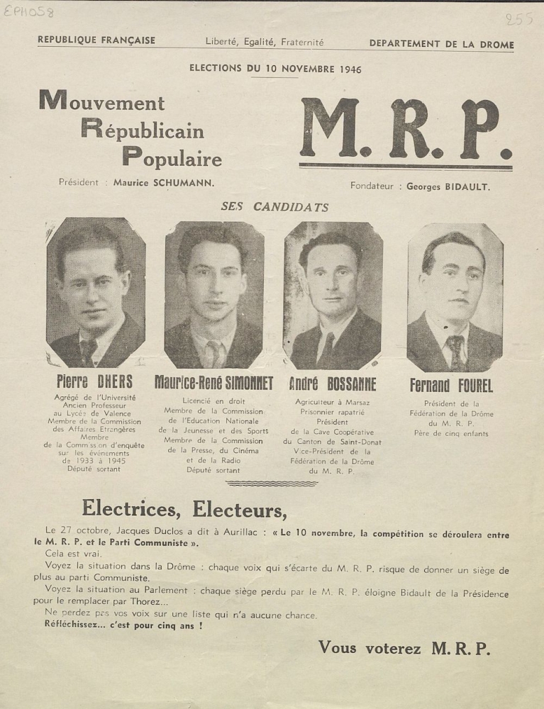 Département de la Drôme. Élections du 10 novembre 1946 : Mouvement Républicain Populaire [programme]