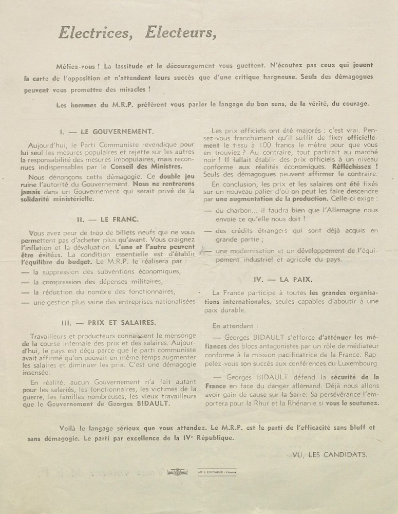 Département de la Drôme. Élections du 10 novembre 1946 : Mouvement Républicain Populaire [programme]