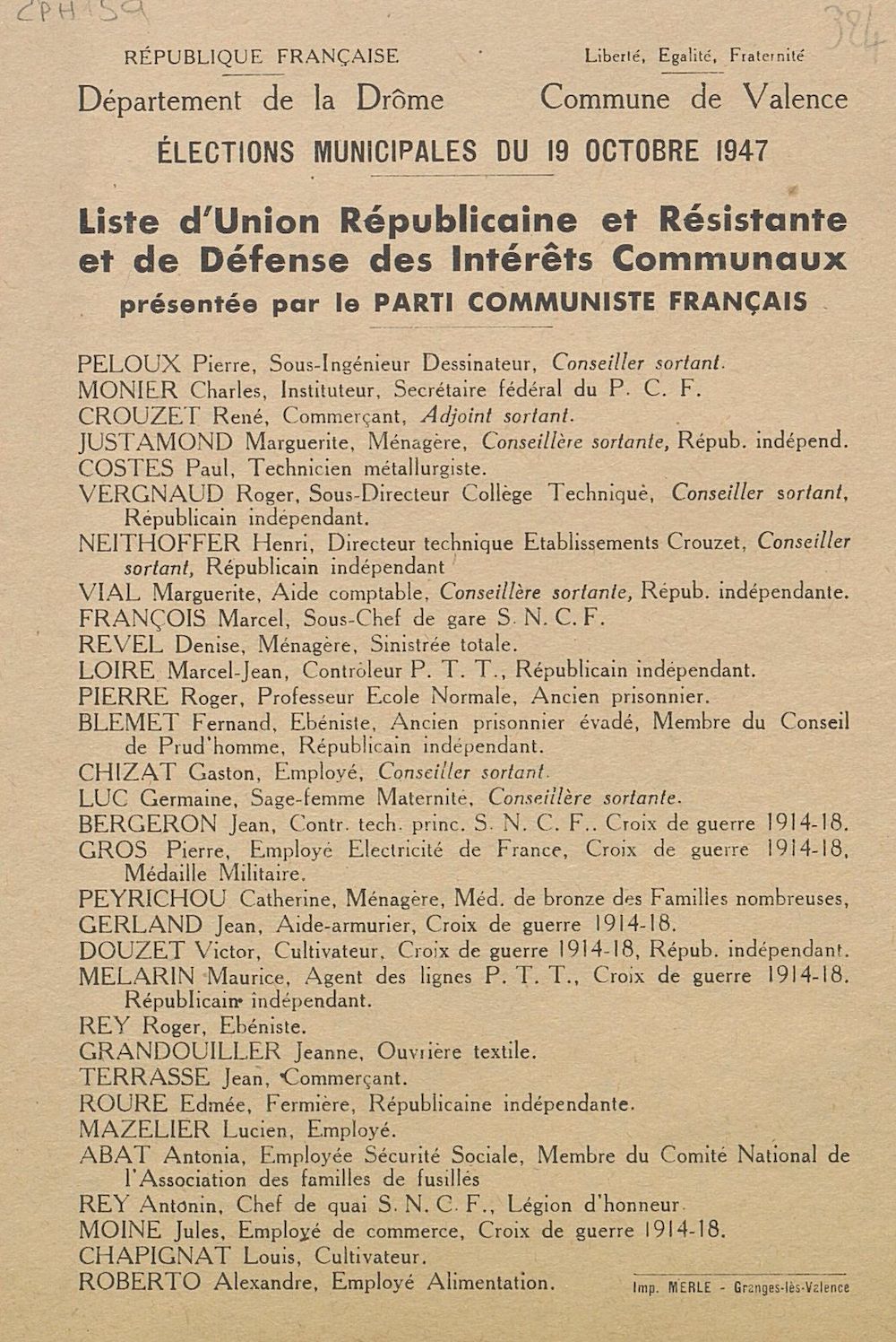 Département de la Drôme. Commune de Valence. Élections municipales du 19 octobre 1947 : liste d'Union Républicaine et Résistante et de Défense des Intérêts Communaux présentée par le Parti Communiste Français