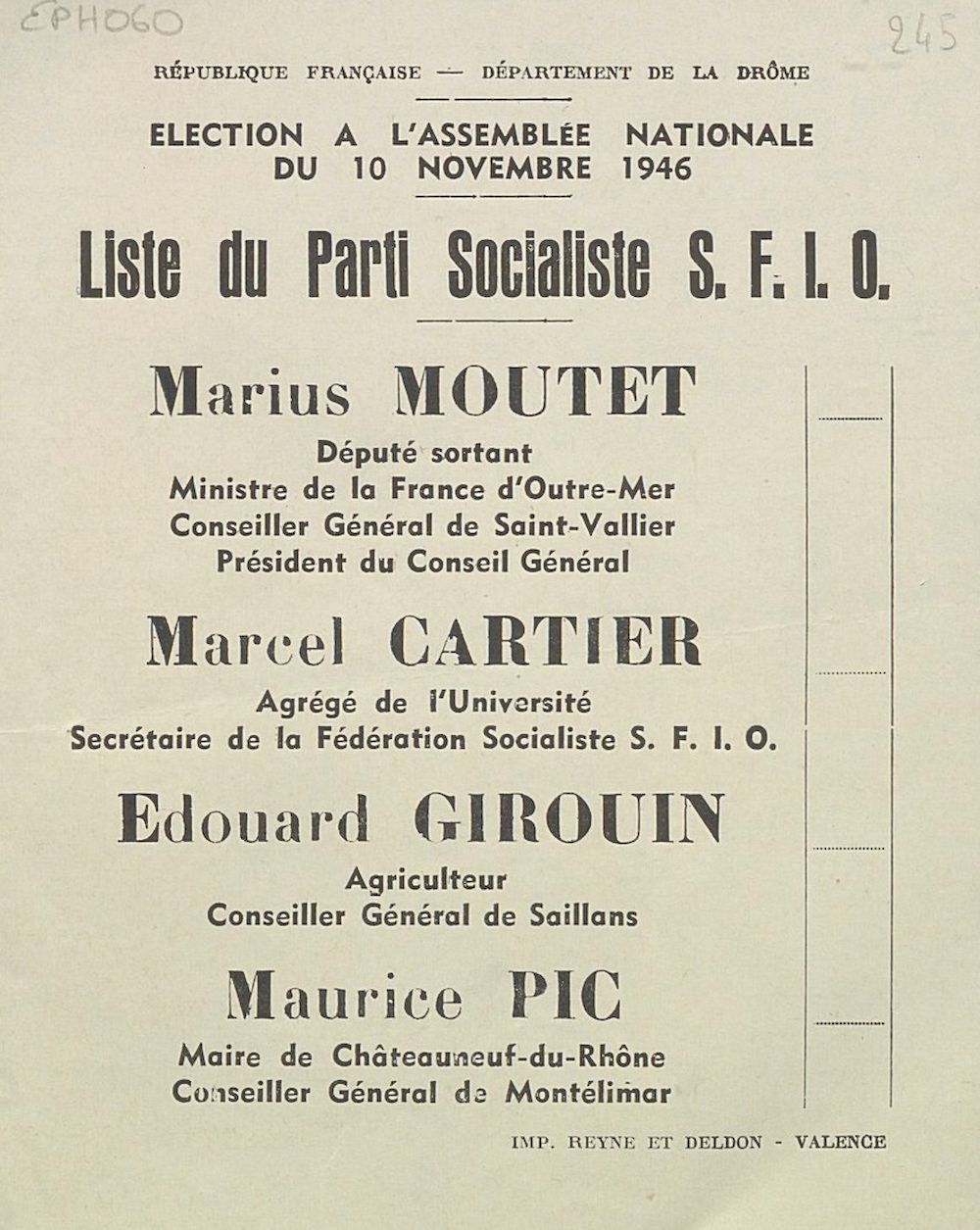 Département de la Drôme. Élection à l'Assemblée Nationale du 10 novembre 1946 : liste du Parti Socialiste S.F.I.O. [bulletin de vote]