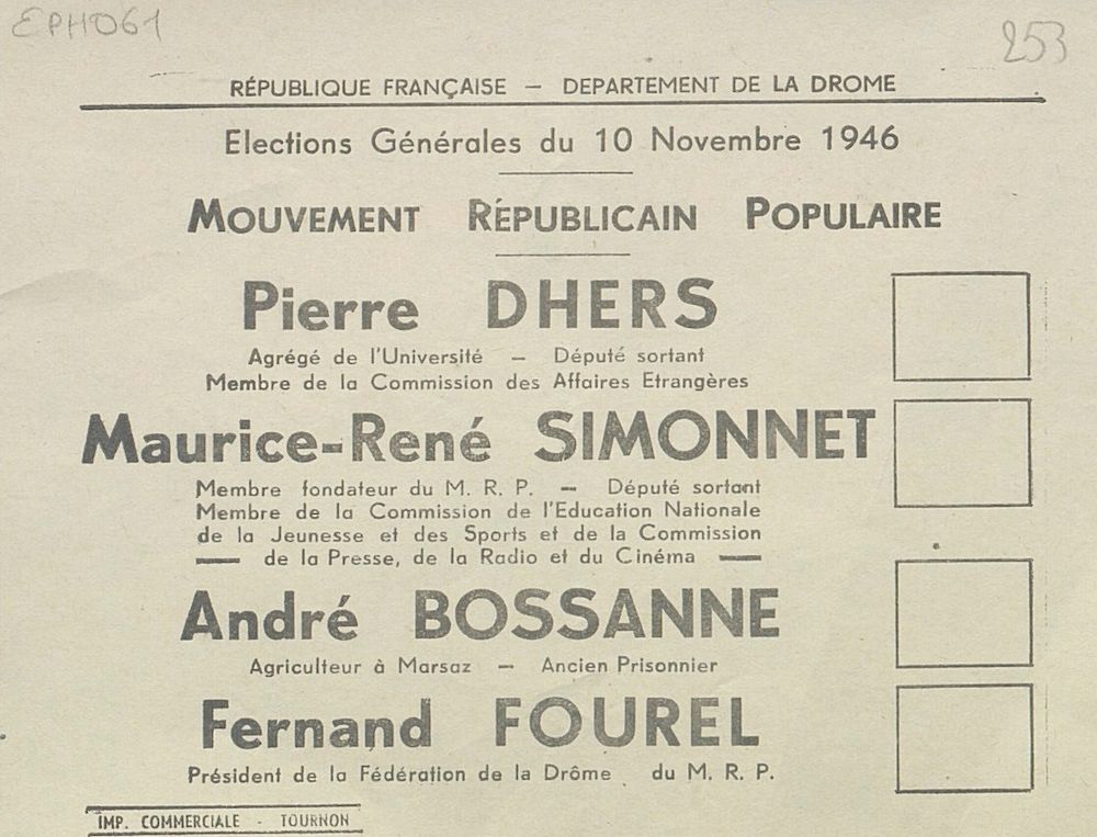 Département de la Drôme. Élections du 10 novembre 1946 : Mouvement Républicain Populaire [bulletin de vote]