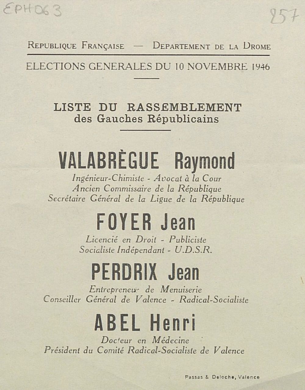 Département de la Drôme. Élections du 10 novembre 1946 : liste du Rassemblement des Gauches Républicaines [bulletin de vote]