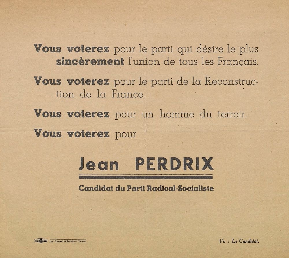 Canton de Valence. Election au Conseil Général du 23 septembre 1945 : Jean Perdrix / Parti Radical-Socialiste [programme]