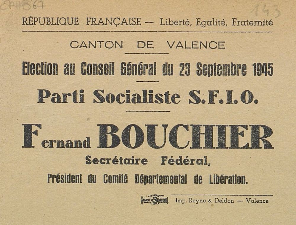 Canton de Valence. Election au Conseil Général du 23 septembre 1945 : Fernand Bouchier / Parti Socialiste S.F.I.O. [bulletin de vote]