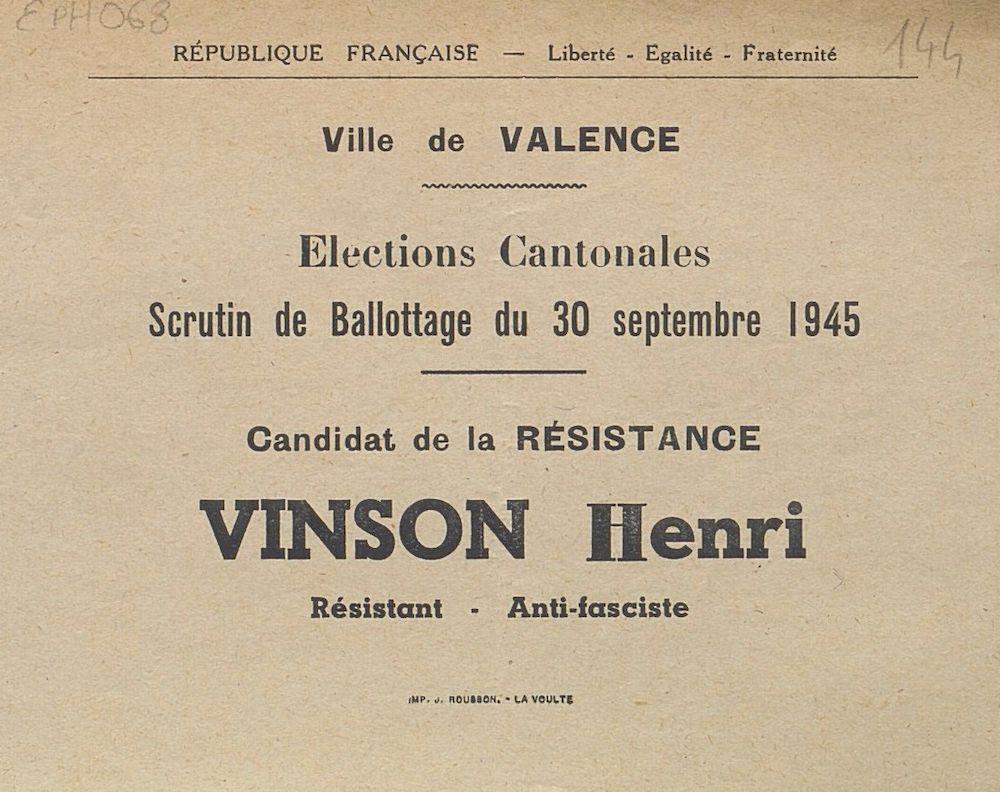 Ville de Valence. Elections cantonales : Vinson Henry / Résistant anti-fasciste [bulletin de vote]