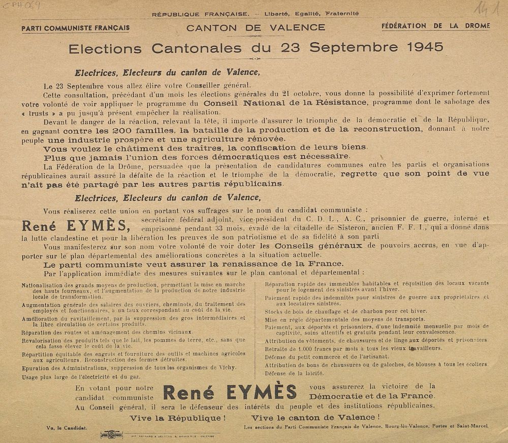 Canton de Valence. Election cantonales du 23 septembre 1945 : René Eymès / Parti Communiste Français