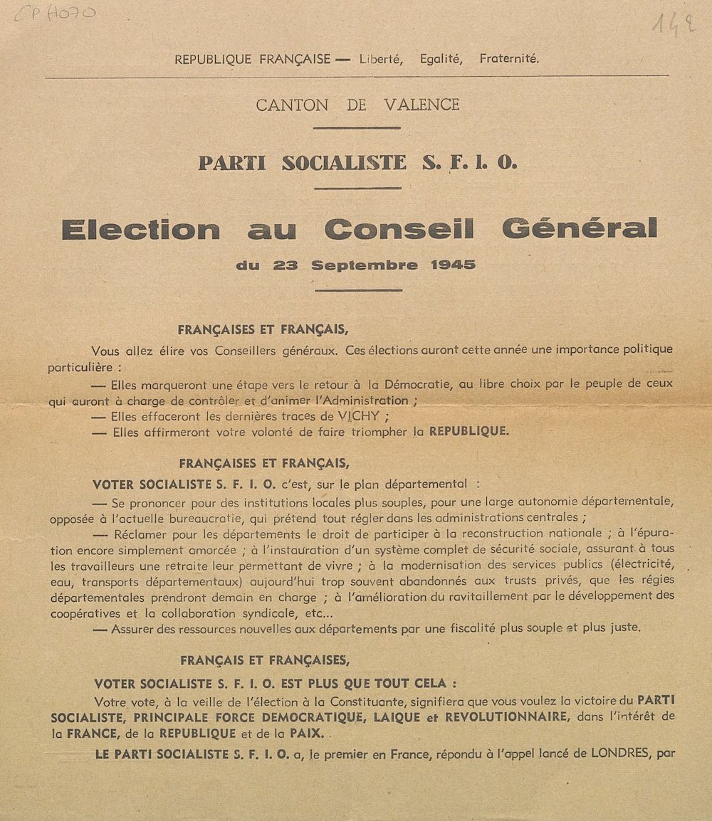 Canton de Valence. Election au Conseil Général du 23 septembre 1945 : Parti Socialiste S.F.I.O.