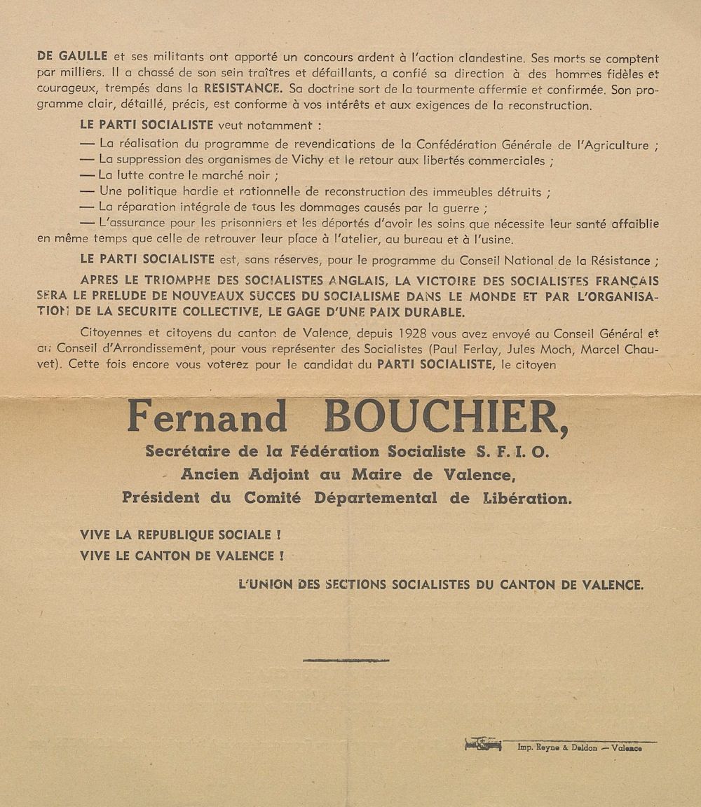 Canton de Valence. Election au Conseil Général du 23 septembre 1945 : Parti Socialiste S.F.I.O.