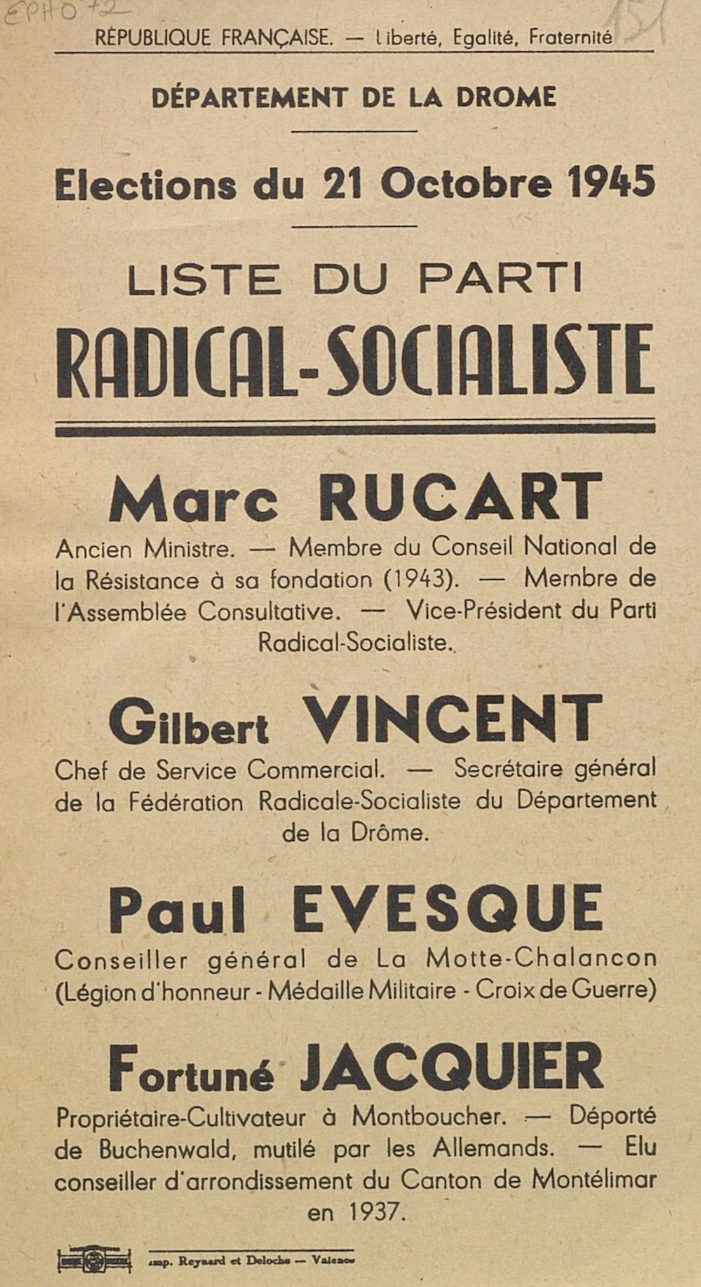 Département de la Drôme. Élections du 21 octobre 1945 : liste du Parti Radical-Socialiste [bulletin de vote]