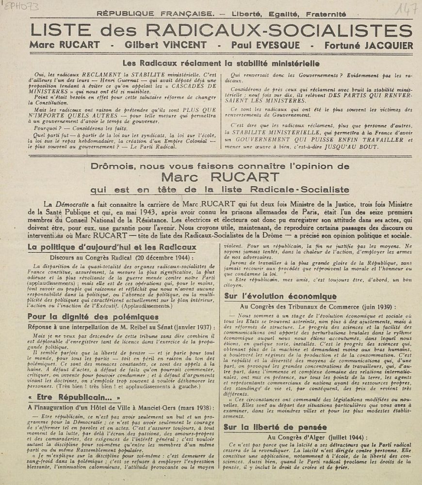 Liste des Radicaux-Socialistes : Drômois, nous vous faisons connaître l'opinion de Marc Rucart qui est en tête de la liste Radicale-Socialiste [programme]