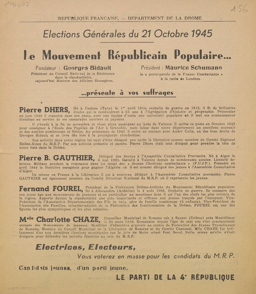 Département de la Drôme. Élections générales du 21 octobre 1945 : le Mouvement Républicain Populaire [programme]