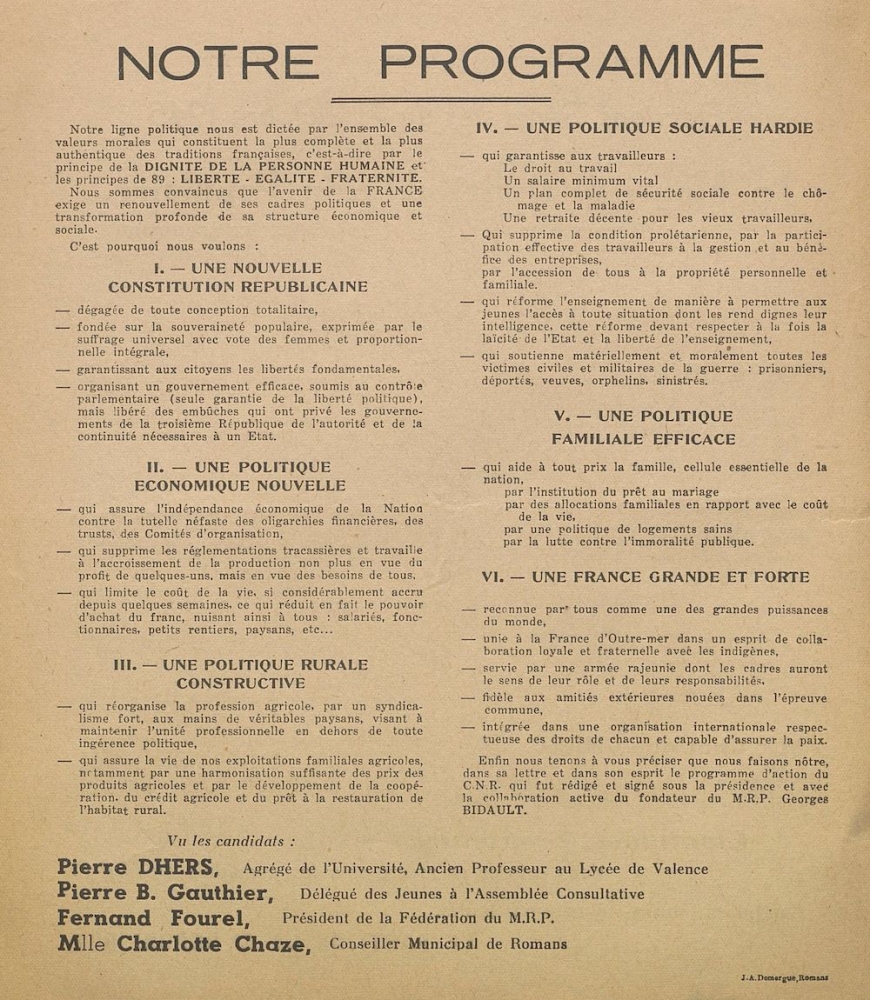 Département de la Drôme. Élections générales du 21 octobre 1945 : le Mouvement Républicain Populaire [programme]