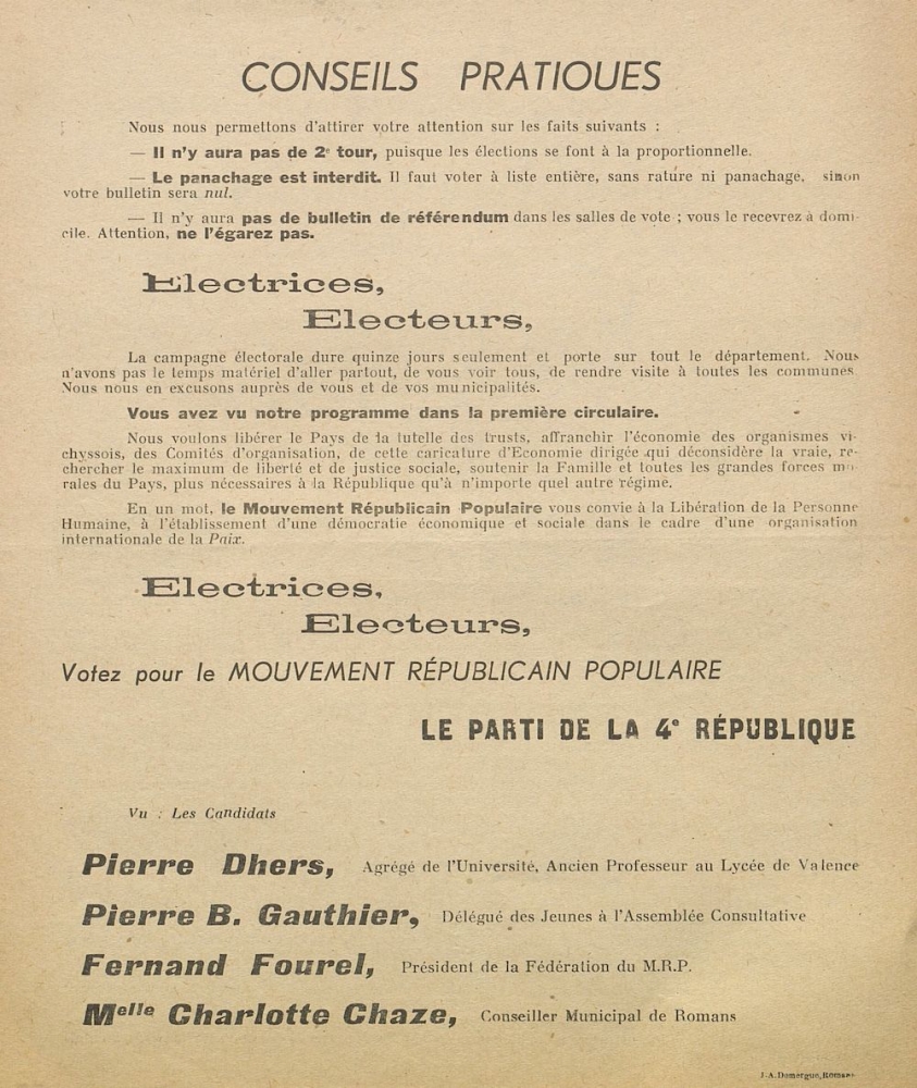 Département de la Drôme. Élections générales du 21 octobre 1945 : le Mouvement Républicain Populaire 