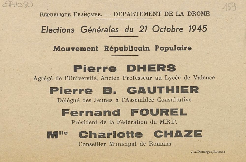 Département de la Drôme. Élections générales du 21 octobre 1945 : Mouvement Républicain Populaire [bulletin de vote]