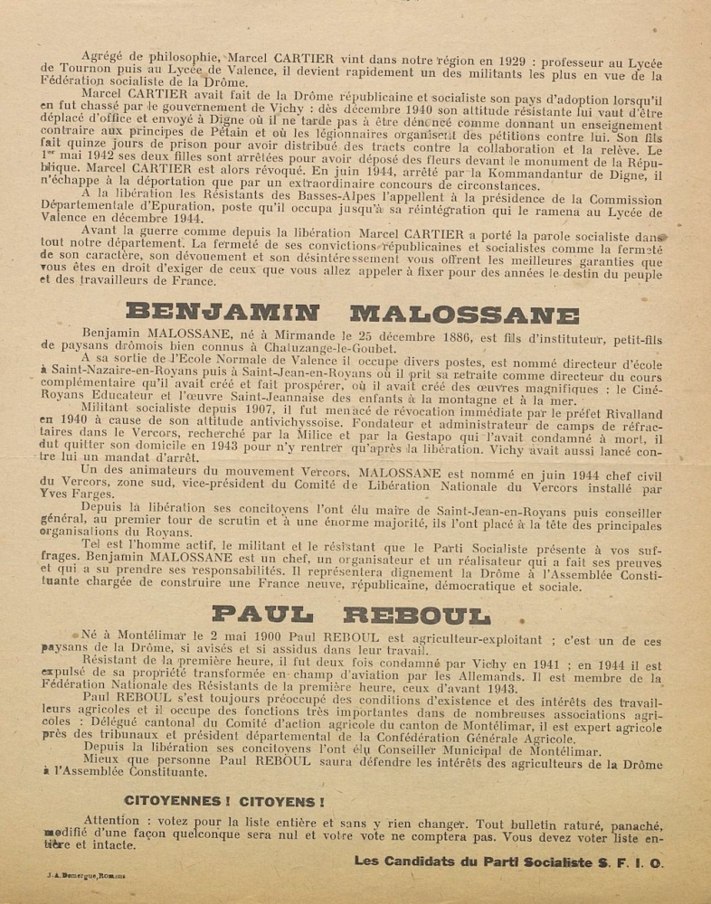 Département de la Drôme. Elections générales du 21 octobre 1945 : liste du Parti Socialiste S.F.I.O. 