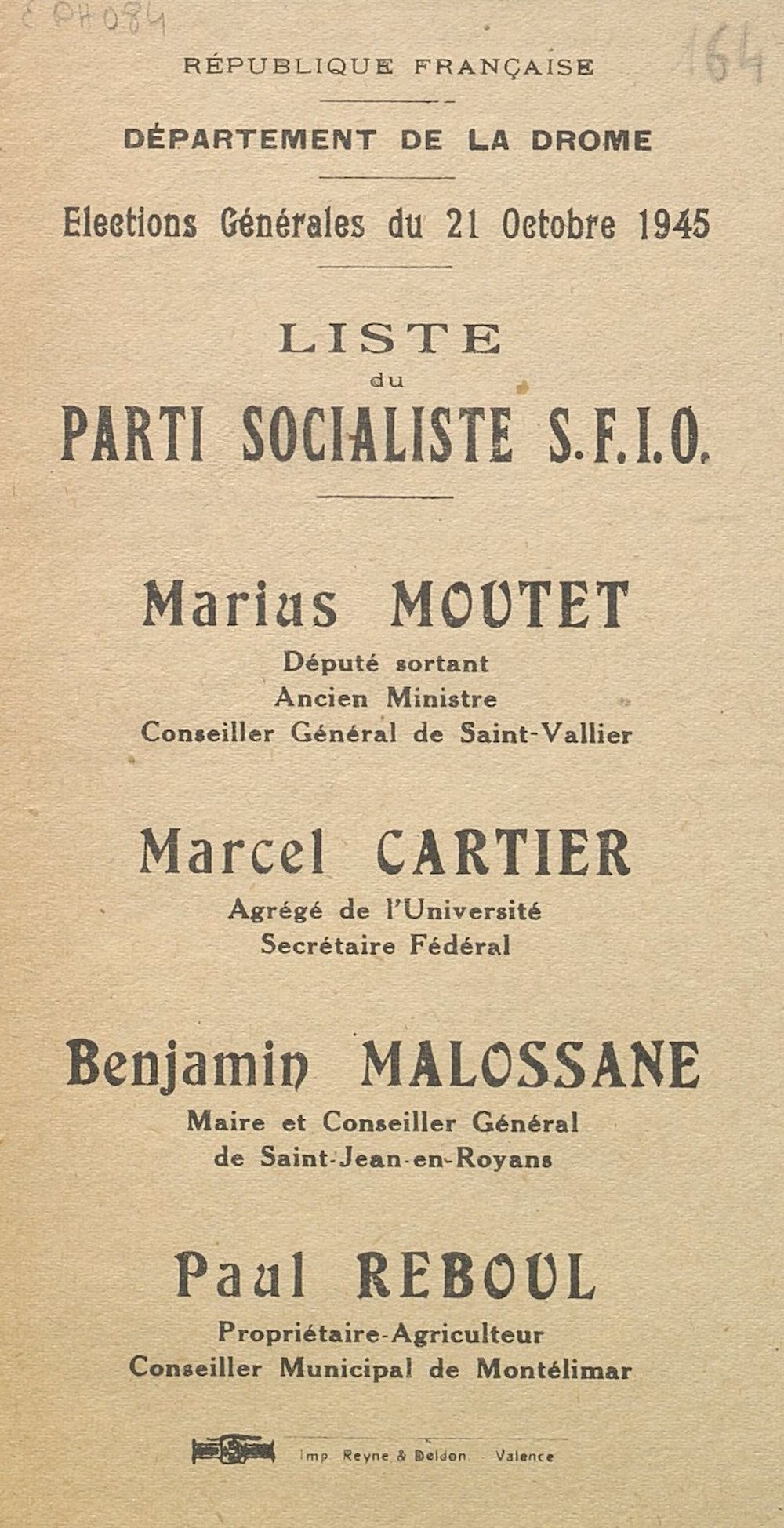 Département de la Drôme. Élections générales du 21 octobre 1945 : liste du Parti Socialiste S.F.I.O.