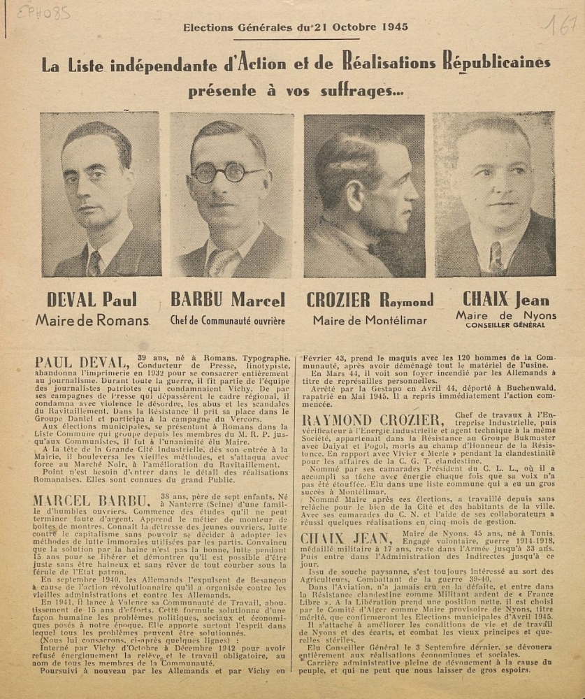 Élections générales du 21 octobre 1945 : liste indépendante d'Action et de Réalisations Républicaines 