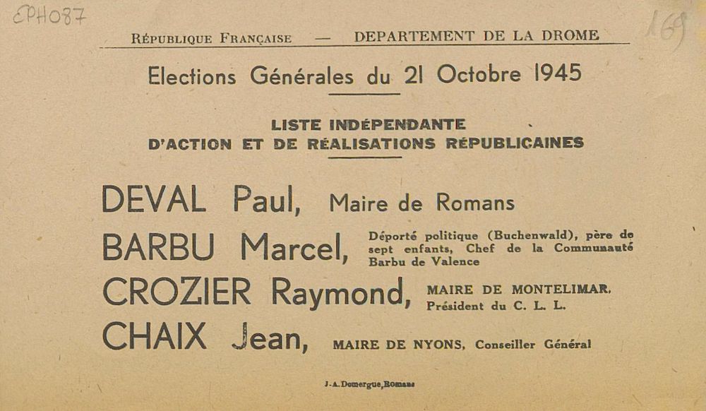 Département de la Drôme. Élections générales du 21 octobre 1945 : liste indépendante d'Action et de Réalisations Républicaines [bulletin de vote]