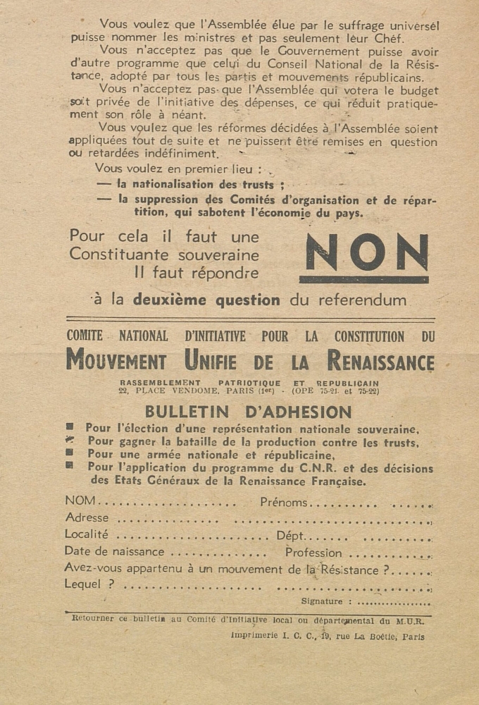 Il faut libérer la République : Mouvement Unifié de la Renaissance [bulletin d'adhésion]