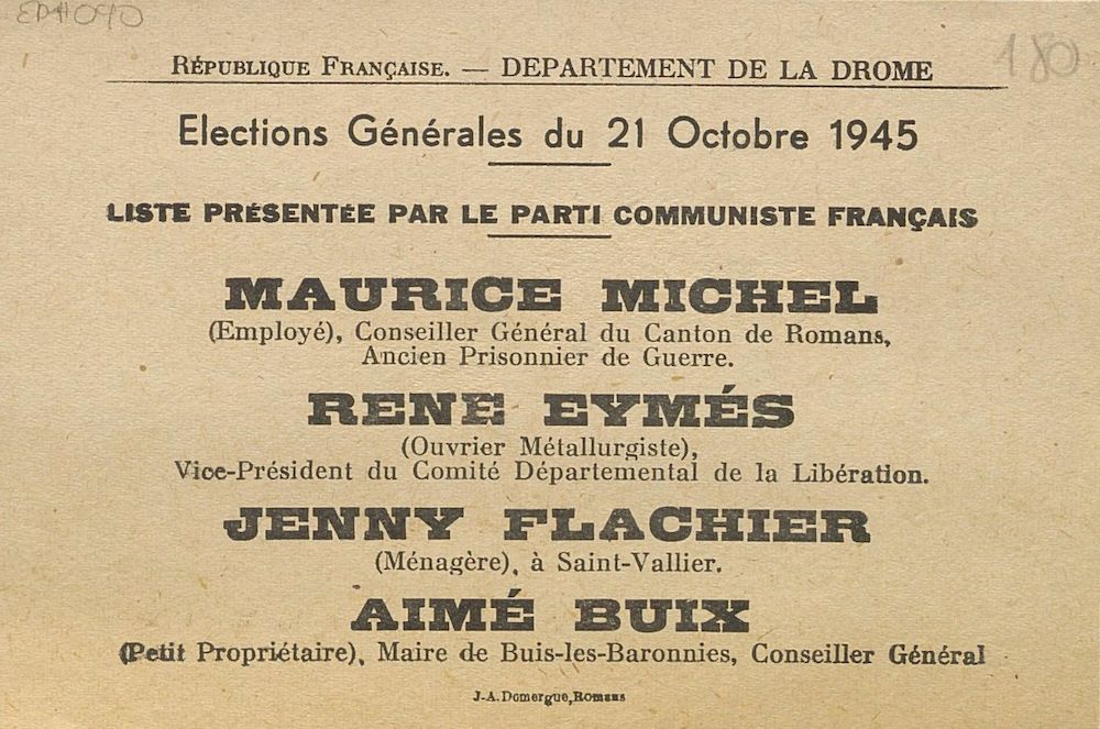 Département de la Drôme. Élections générales du 21 octobre 1945 : liste présentée par le Parti Communiste Français [bulletin de vote]