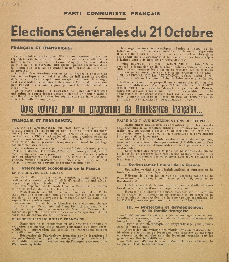 Élections générales du 21 octobre 1945 : Parti Communiste Français  [programme]