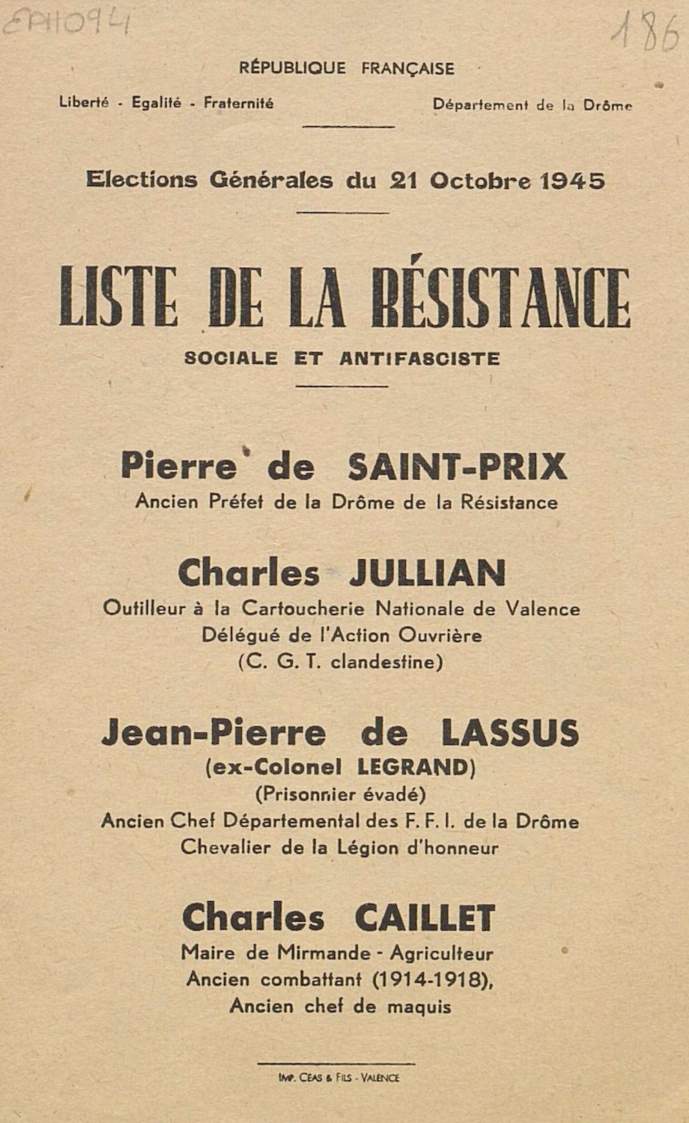 Département de la Drôme. Élections générales du 21 octobre 1945 : liste de la Résistance Sociale et Antifasciste [bulletin de vote]