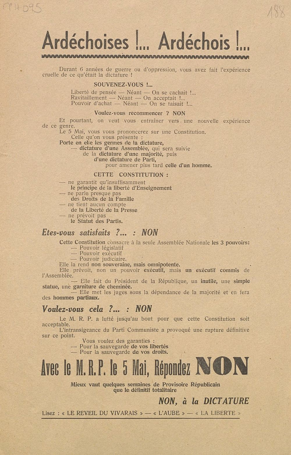 Ardéchoises !... Ardéchois !... Avec le M.R.P. le 5 mai, répondez non