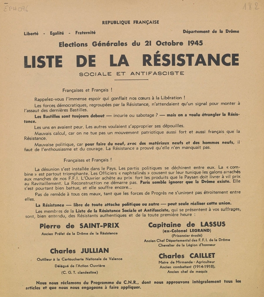 Département de la Drôme. Élections générales du 21 octobre 1945 : liste de la Résistance Sociale et Antifasciste