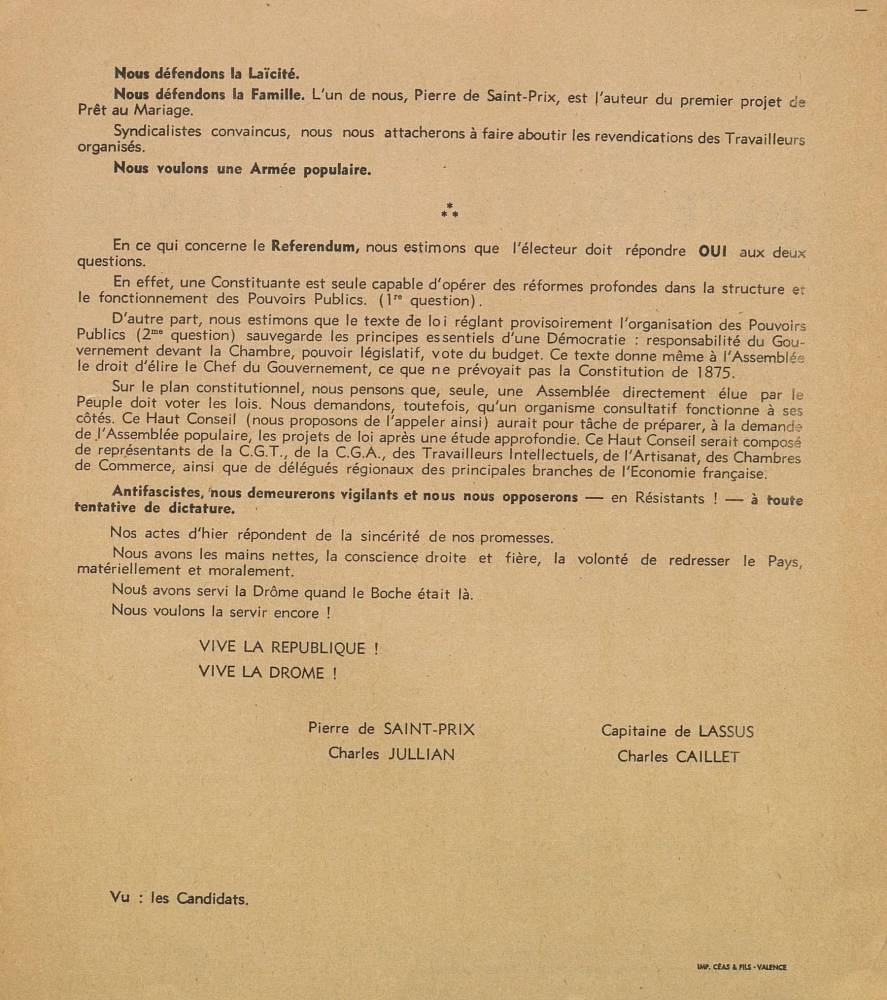 Département de la Drôme. Élections générales du 21 octobre 1945 : liste de la Résistance Sociale et Antifasciste