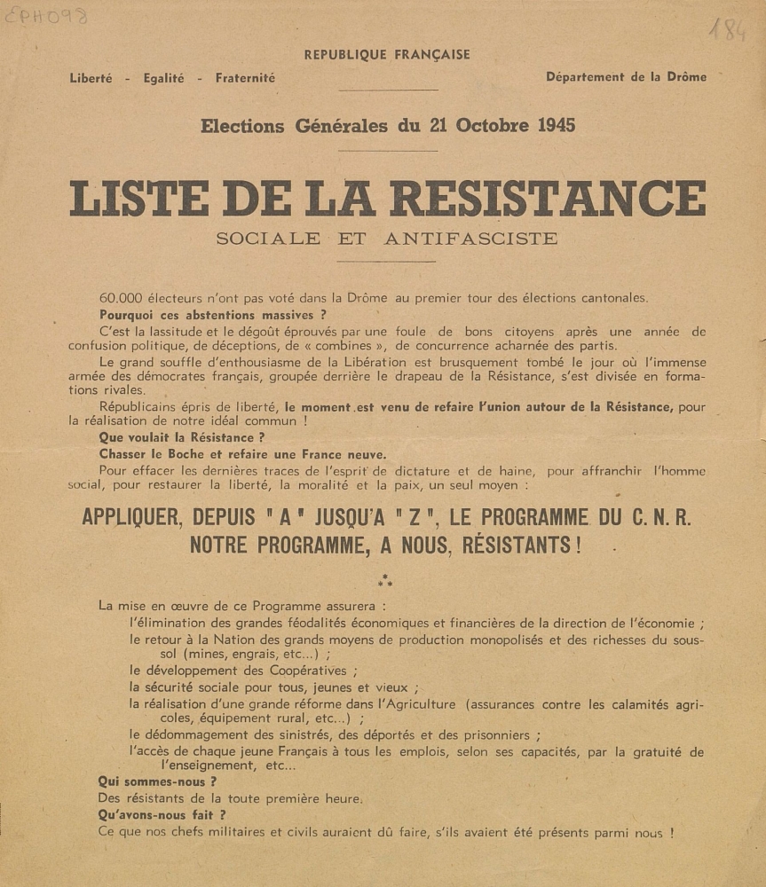 Département de la Drôme. Élections générales du 21 octobre 1945 : liste de la Résistance Sociale et Antifasciste [programme]