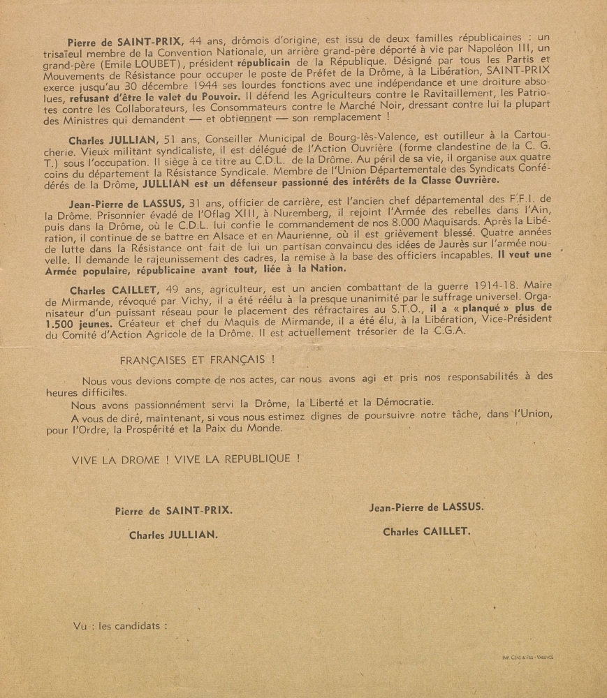 Département de la Drôme. Élections générales du 21 octobre 1945 : liste de la Résistance Sociale et Antifasciste [programme]