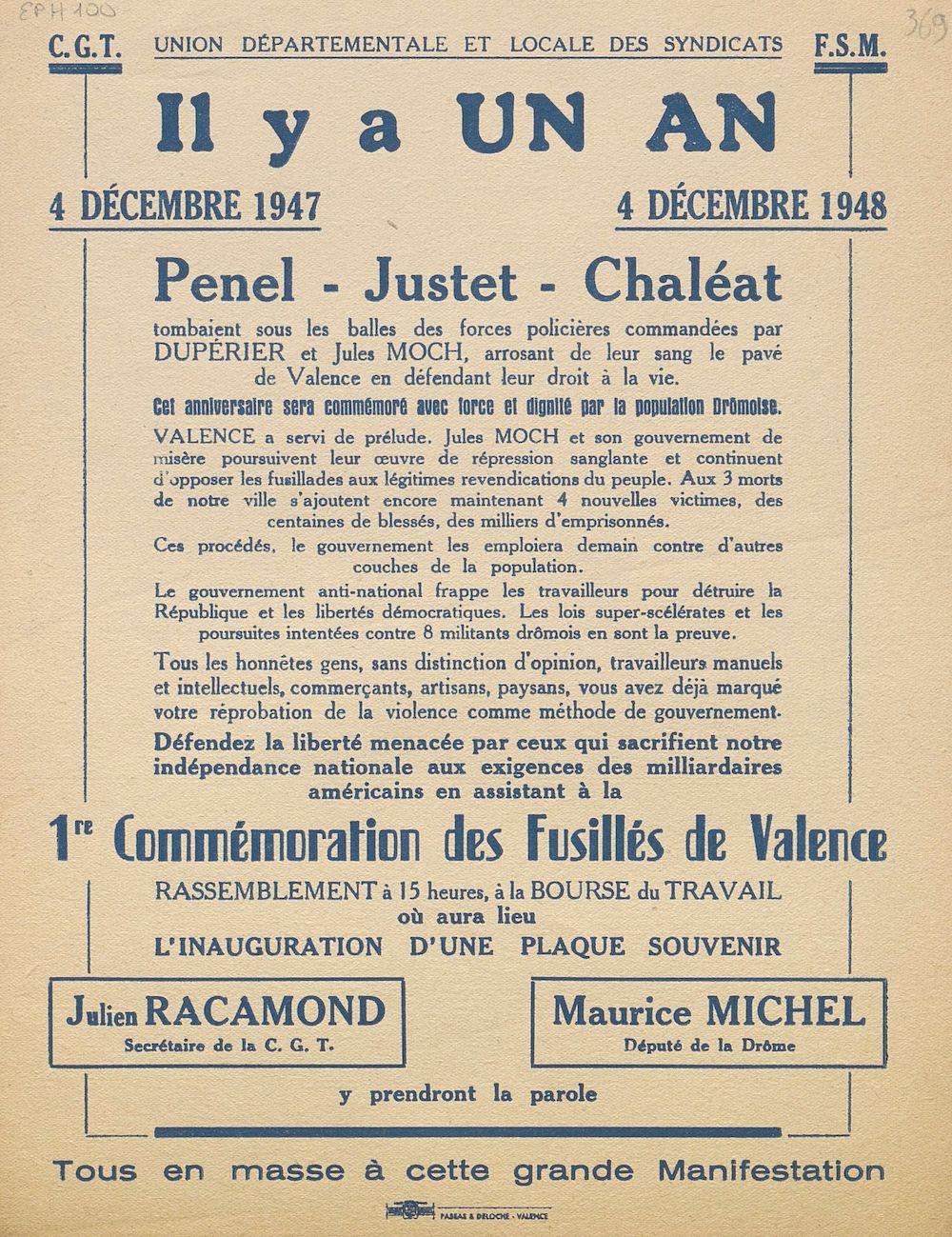 Union départementale et locale des syndicats. C.G.T. F.S.M. : Il y a un an. 1re commémoration des fusillés de Valence