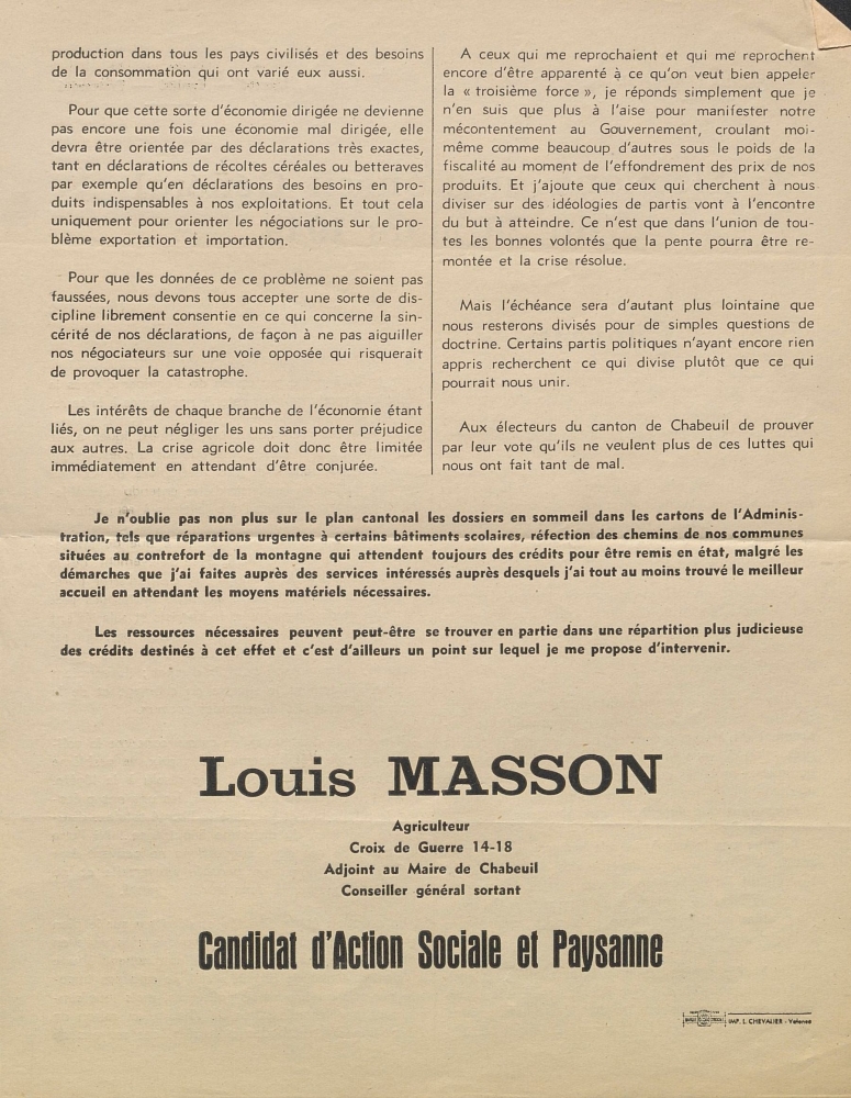 Élections au Conseil Général du 20 mars 1949 : Louis Masson / Action Sociale et Paysanne [programme]