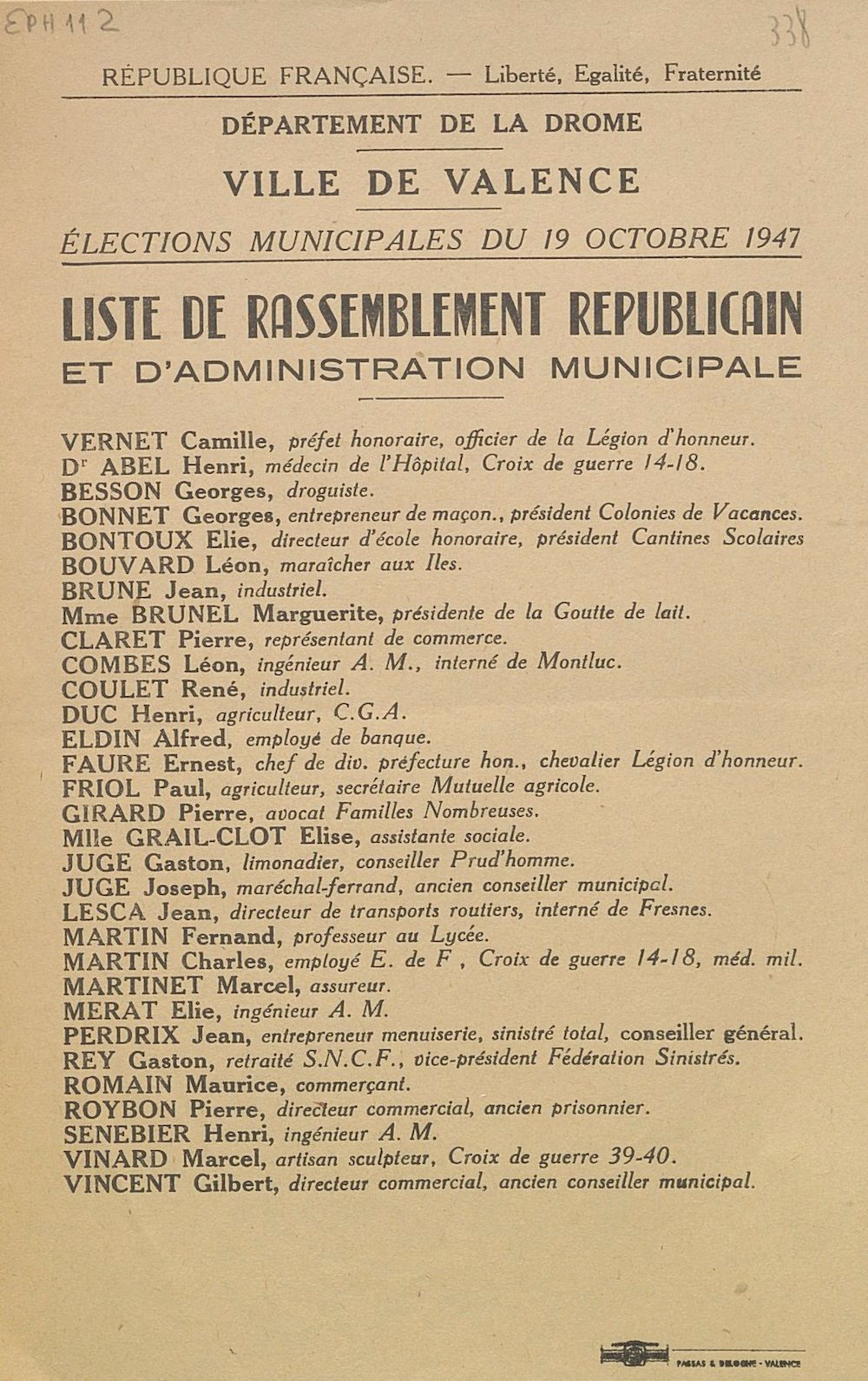 Département de la Drôme. Ville de Valence. Elections municipales du 19 octobre 1947 : liste du Rassemblement Républicain et d'Administration Municipale