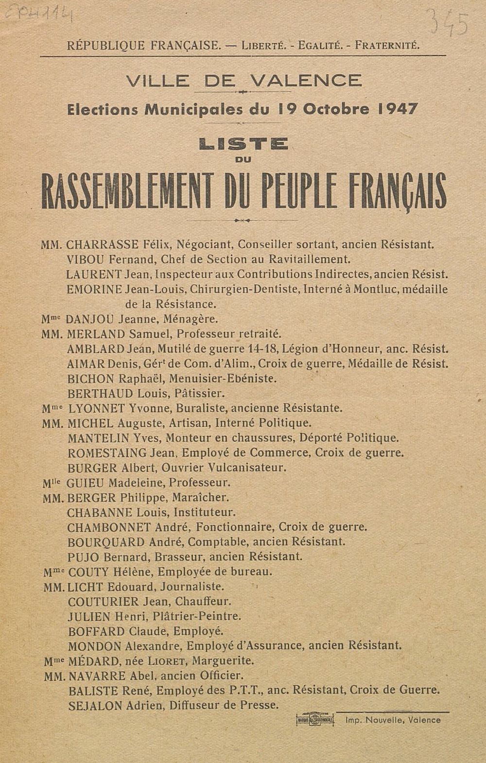 Ville de Valence. Elections municipales du 19 octobre 1947 : liste du Rassemblement du Peuple Français