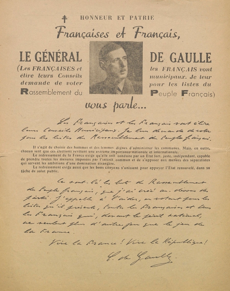 Ville de Valence. Elections municipales du 19 octobre 1947 : liste du Rassemblement du Peuple Français [programme]