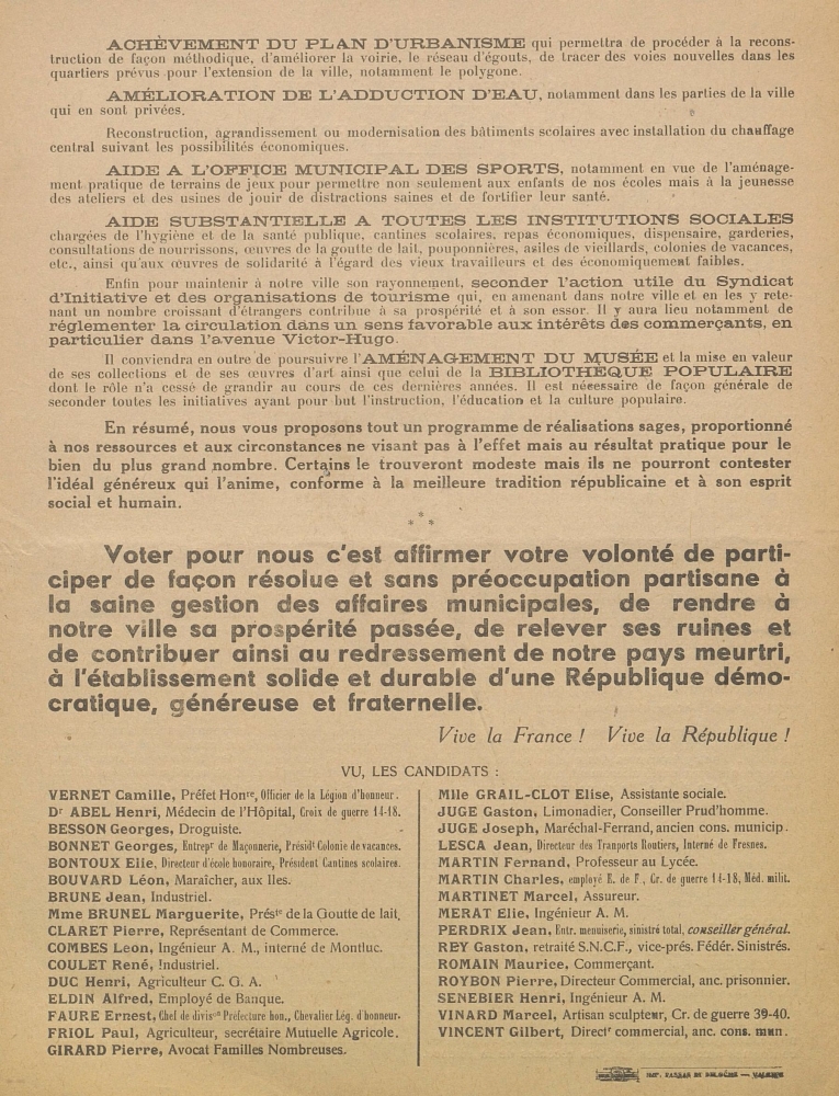 Département de la Drôme. Ville de Valence. Elections municipales du 19 octobre 1947 : liste du Rassemblement Républicain et d'Administration Municipale