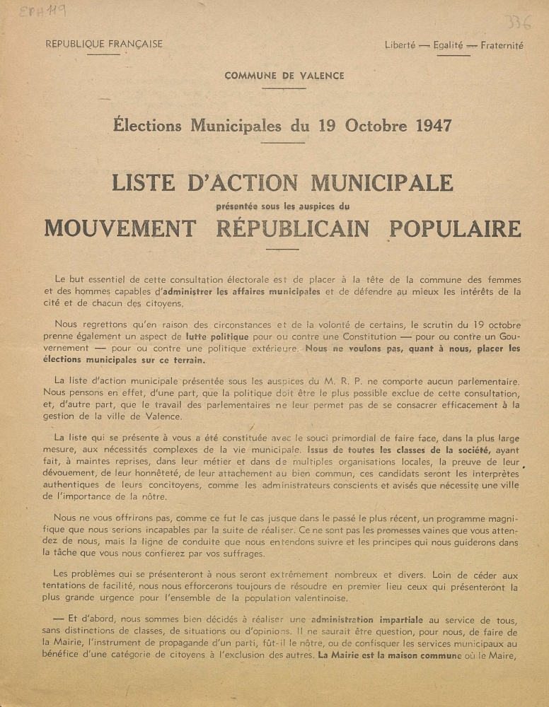 Commune de Valence. Elections municipales du 19 octobre 1947 : liste d'Action Municipale présentée sous les auspices du Mouvement Républicain Populaire [programme]