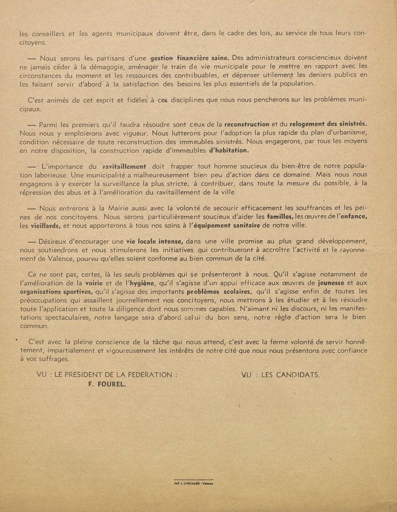 Commune de Valence. Elections municipales du 19 octobre 1947 : liste d'Action Municipale présentée sous les auspices du Mouvement Républicain Populaire [programme]