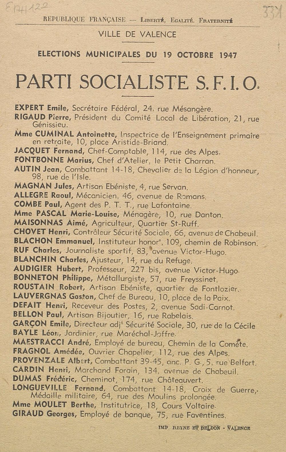 Ville de Valence. Élections municipales du 19 octobre 1947 : liste du Parti Socialiste S.F.I.O.