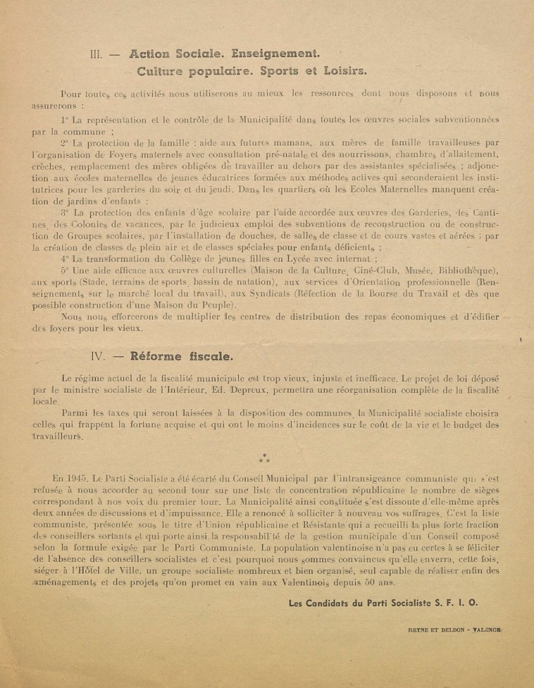 Ville de Valence. Élection municipales du 19 octobre 1947 : Le Parti Socialiste S.F.I.O. aux électeurs de Valence