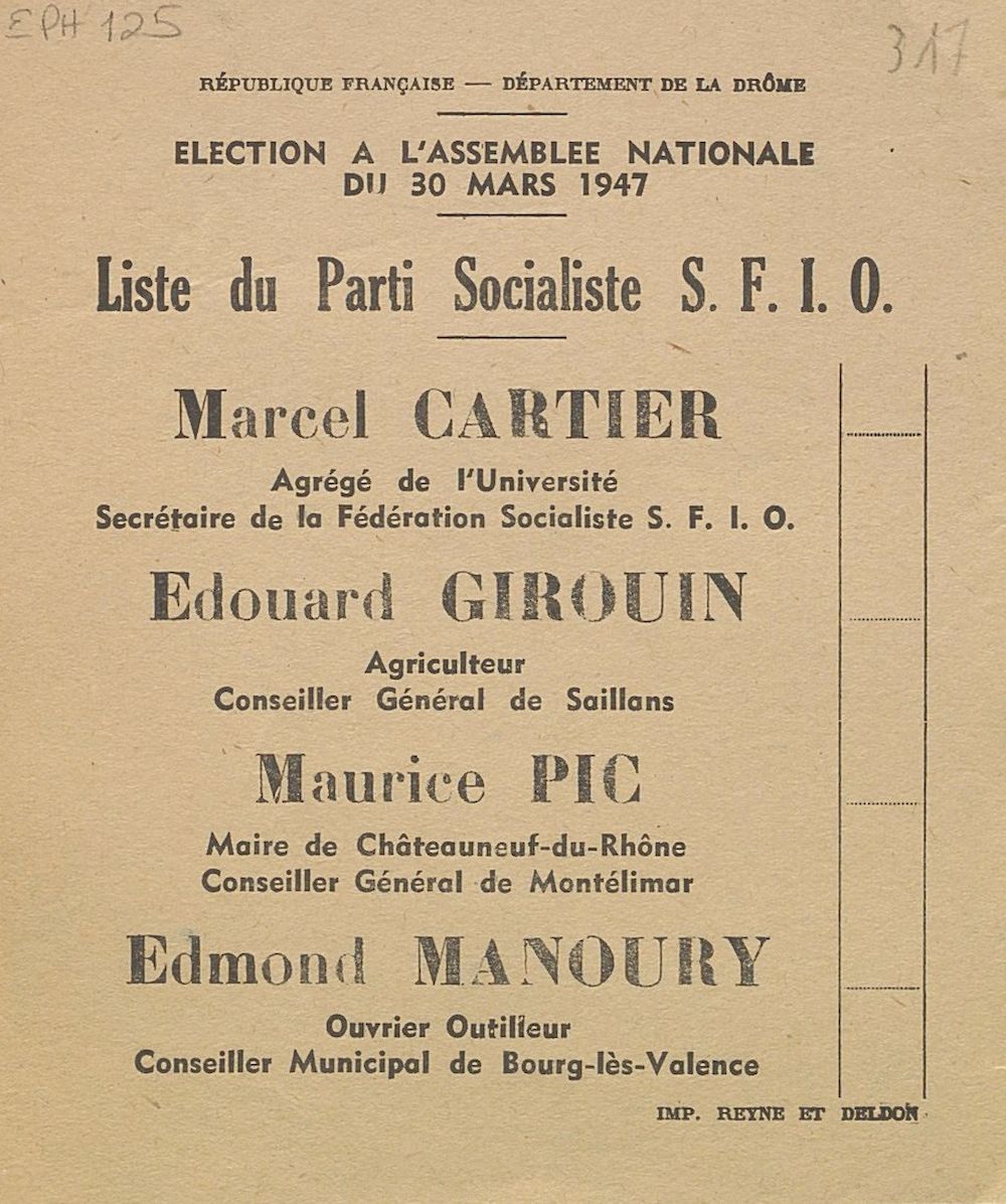 Département de la Drôme. Élection à l'Assemblée Nationale du 30 mars 1947 : liste du Parti Socialiste S.F.I.O. [bulletin de vote]