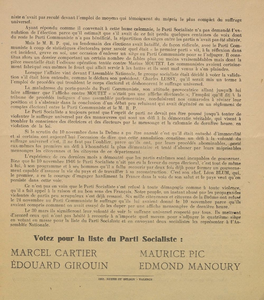 Département de la Drôme. Élection à l'Assemblée Nationale du 30 mars 1947 : liste du Parti Socialiste S.F.I.O. 