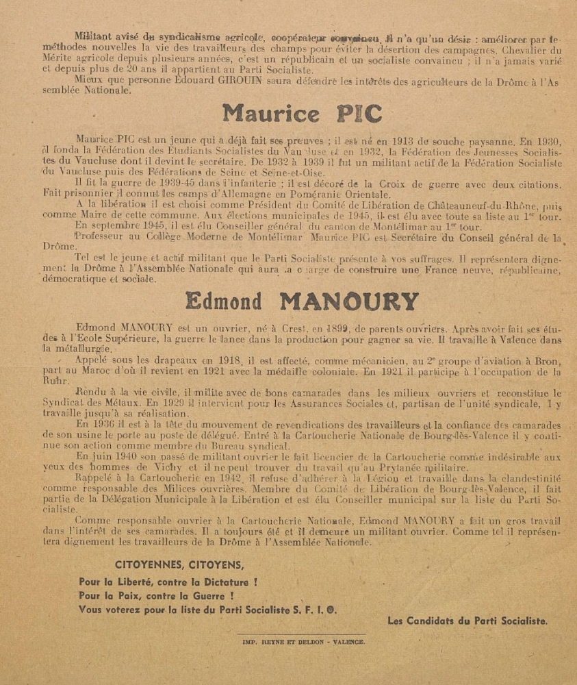 Département de la Drôme. Élection à l'Assemblée Nationale du 30 mars 1947 : liste du Parti Socialiste S.F.I.O.