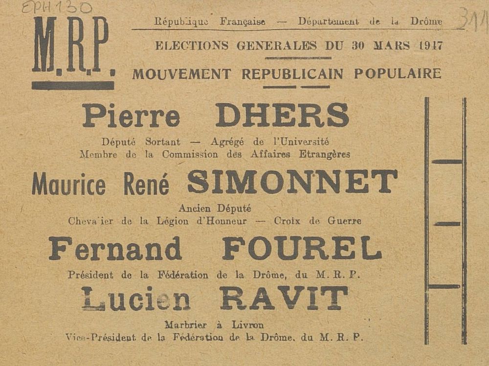 Département de la Drôme. Élection générales du 30 mars 1947 : Mouvement Républicain Populaire [bulletin de vote]