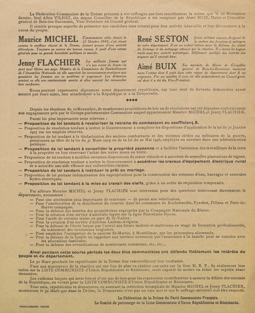 Département de la Drôme. Élections à l'Assemblée Nationale du 30 mars 1947 : liste Communiste d'Union Républicaine et Résistante