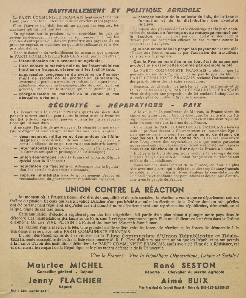 Département de la Drôme. Élections à l'Assemblée Nationale du 30 mars 1947 : liste Communiste d'Union Républicaine et Résistante [programme]