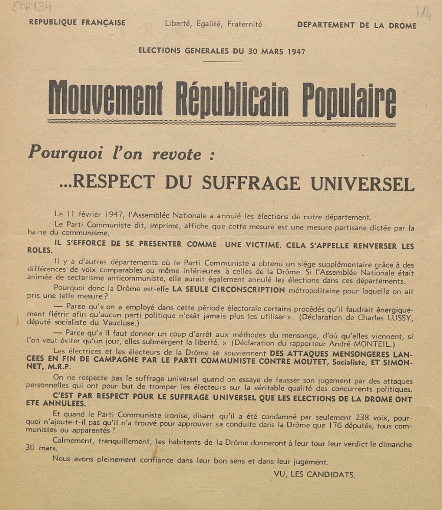 Département de la Drôme. Élections législatives du 30 mars 1947 : Mouvement Républicain Populaire : Pourquoi l'on revote