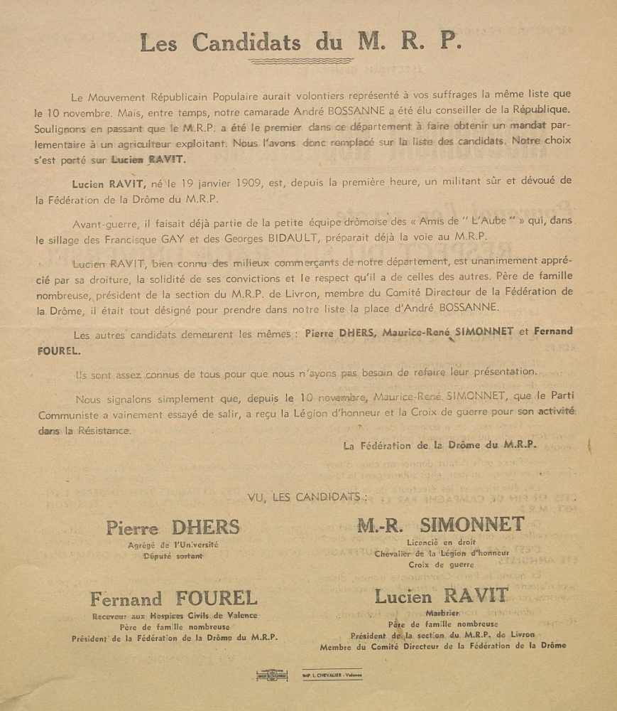 Département de la Drôme. Élections législatives du 30 mars 1947 : Mouvement Républicain Populaire : Pourquoi l'on revote