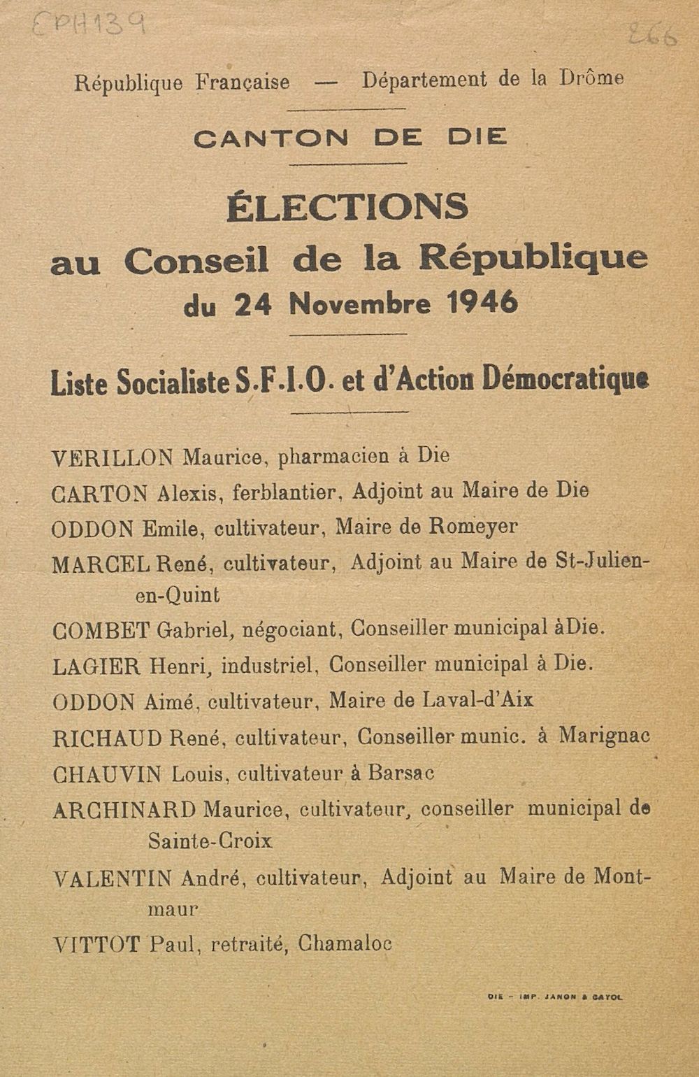 Canton de Die. Election au Conseil de la République du 24 novembre 1946 : liste Socialiste S.F.I.O. et d'Action Démocratique